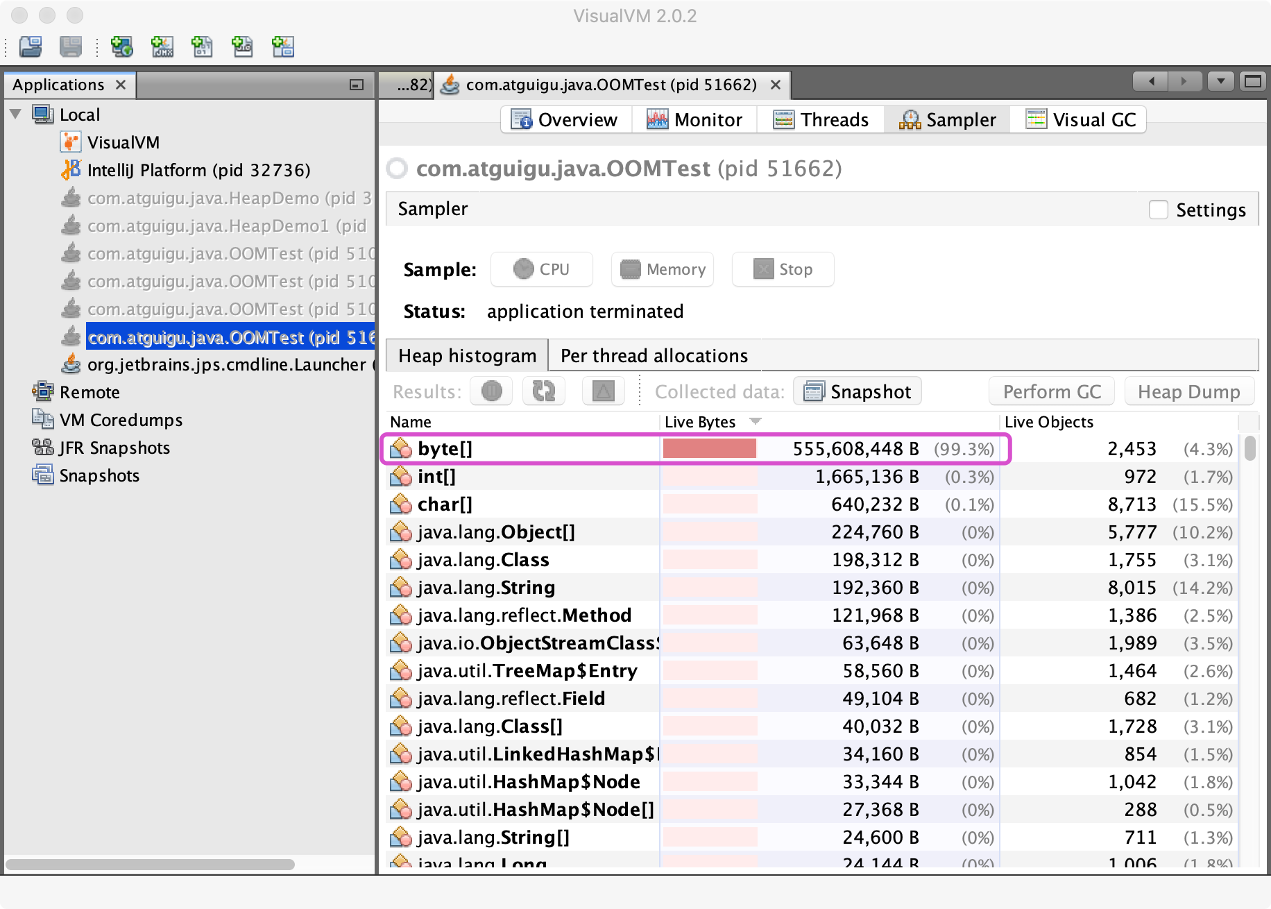 VisualVM - Sampler - Memory